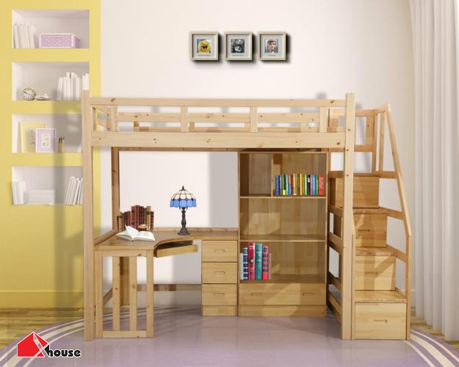 Mẫu giường tầng kết hợp bàn học gỗ tự nhiên - M1