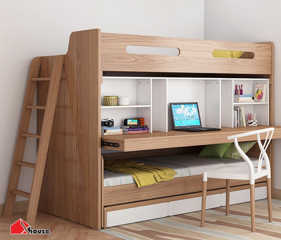 Mẫu giường tầng kết hợp bàn học gỗ tự nhiên - M2