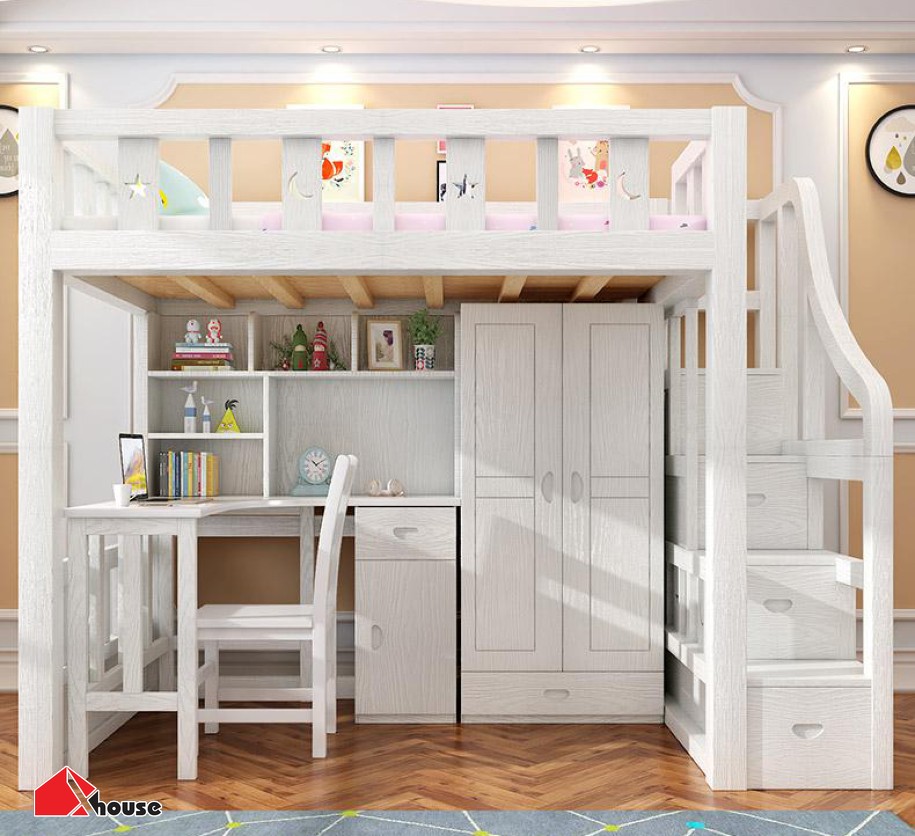 Mẫu giường tầng kết hợp bàn học gỗ tự nhiên sơn trắng - M3