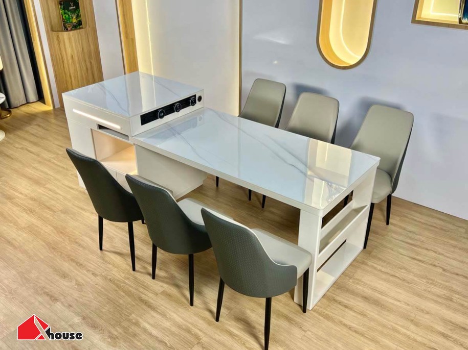 TOP+50 Bộ bàn ăn chung cư đẹp, trang nhã, hiện đại 2026 36 Bề mặt bàn là chất liệu đá hiện đại
