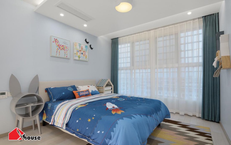 TOP+50 Mẫu phòng ngủ chung cư đẹp, hiện đại, tiện nghi 2026 34 Bố trí nội thất phòng ngủ chung cư cho bé trai đẹp màu xanh